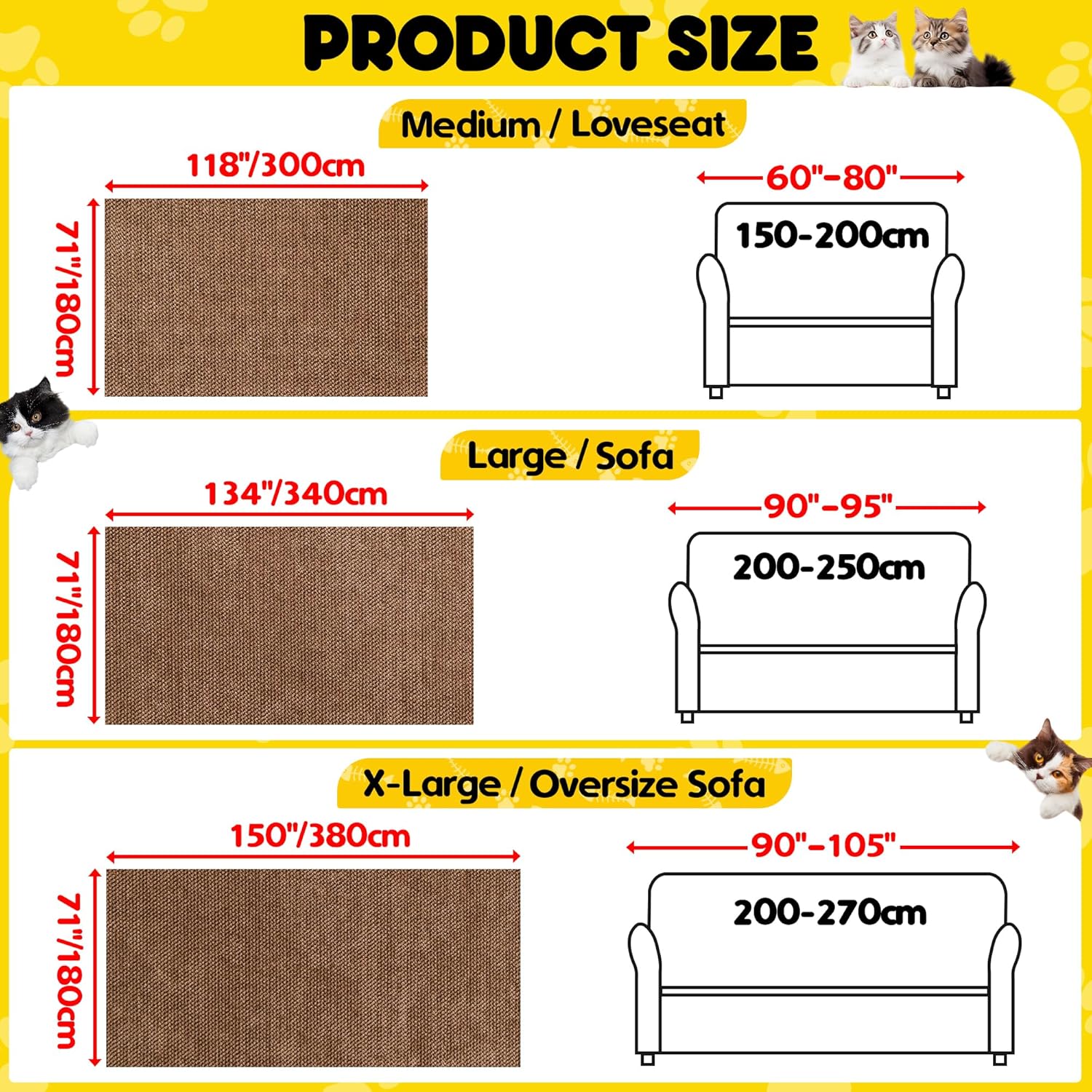 Cat Scratch Furniture Protector - Anti-Slip, Waterproof Sofa Cover to Keep Cats Off, Pet-Friendly Couch Protectors for 3 Cushion Couch, Brown Anti-Scratch Couch Cover for Pets and Kids 118X71